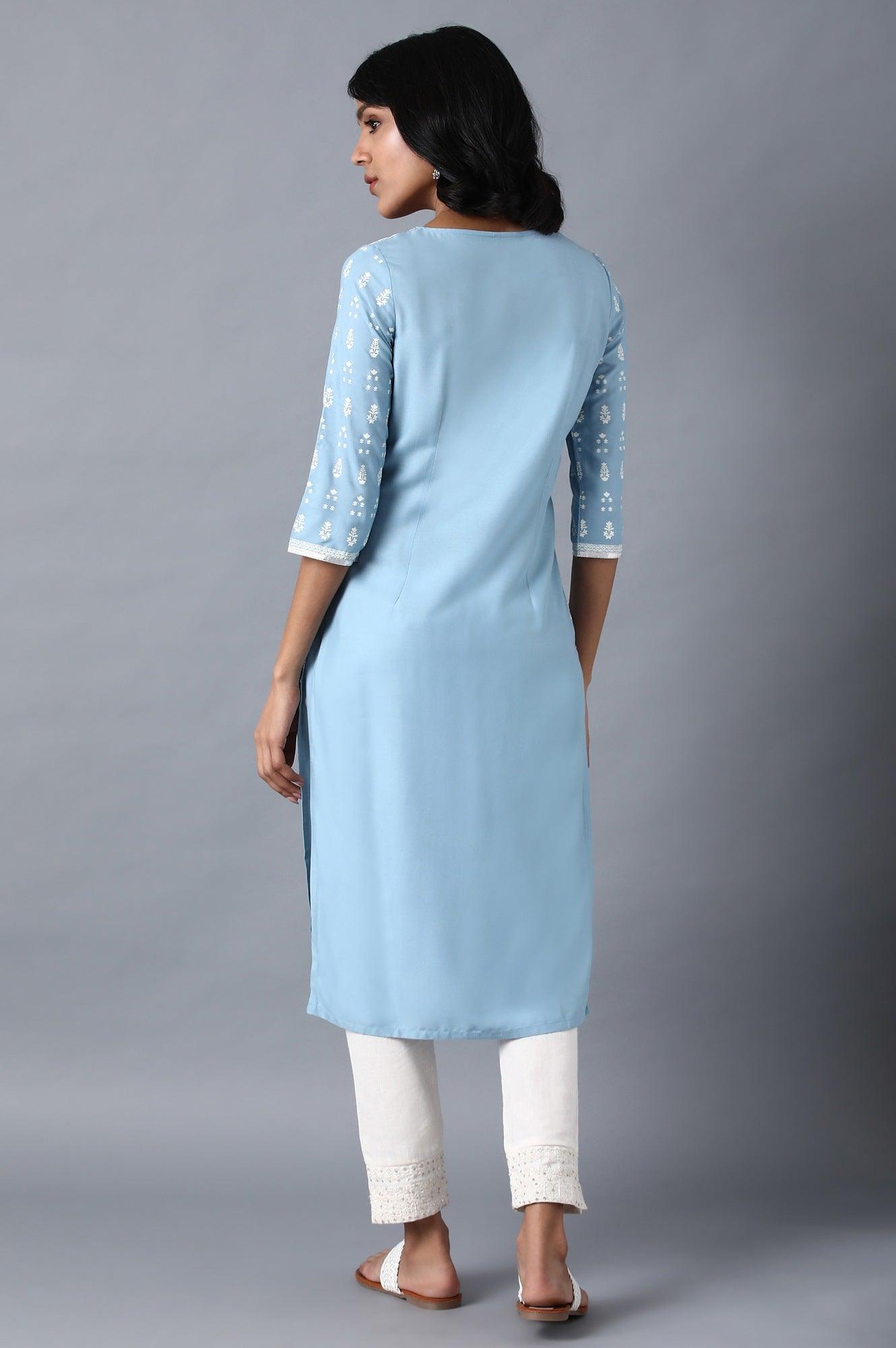 Blue Round Neck Printed Livaeco kurta - wforwoman