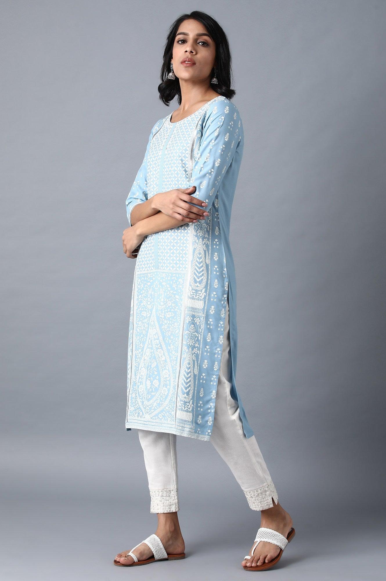 Blue Round Neck Printed Livaeco kurta - wforwoman