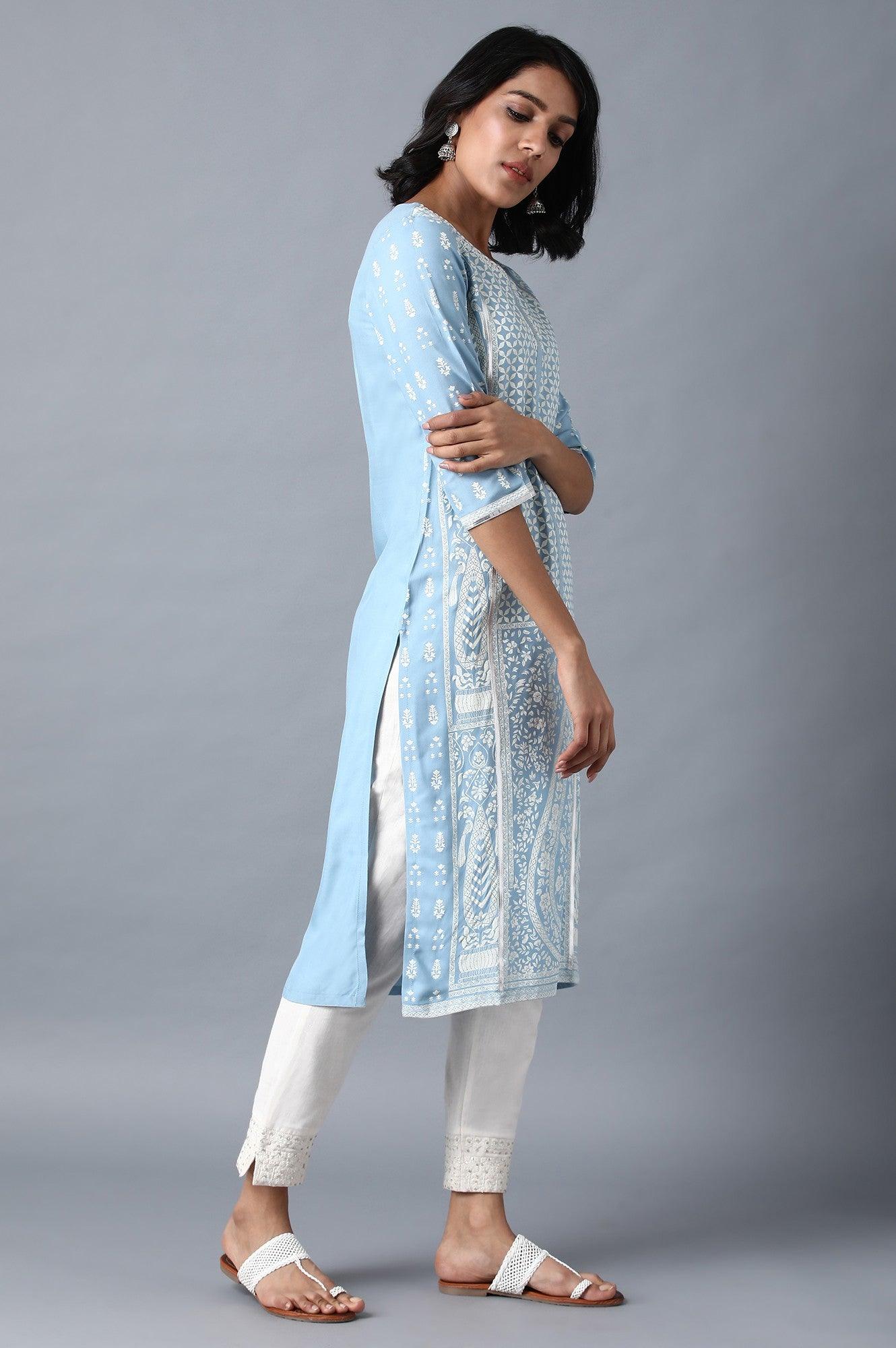 Blue Round Neck Printed Livaeco kurta - wforwoman