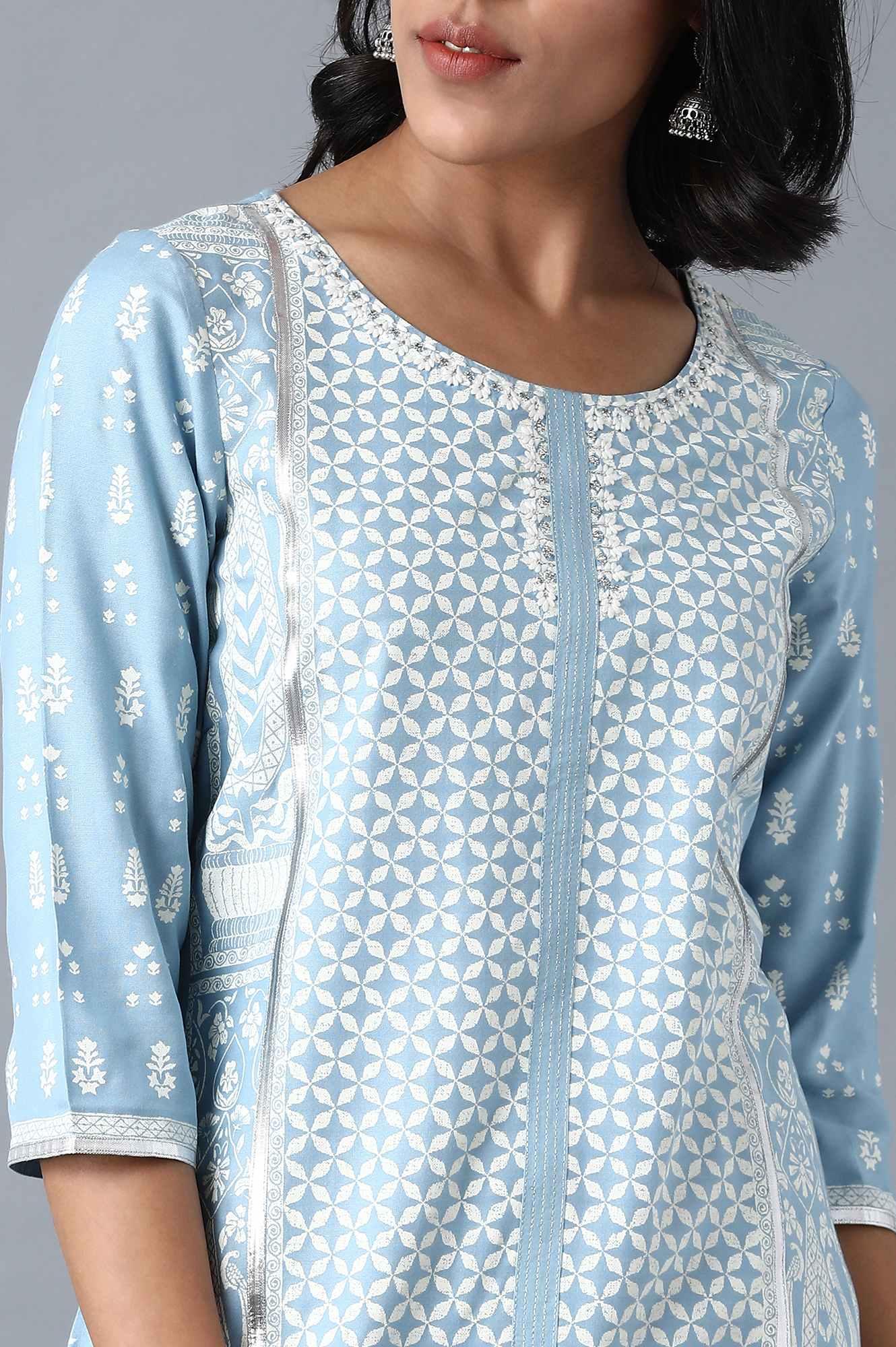 Blue Round Neck Printed Livaeco kurta - wforwoman