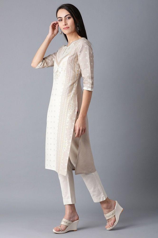 Beige Round Neck Printed kurta - wforwoman