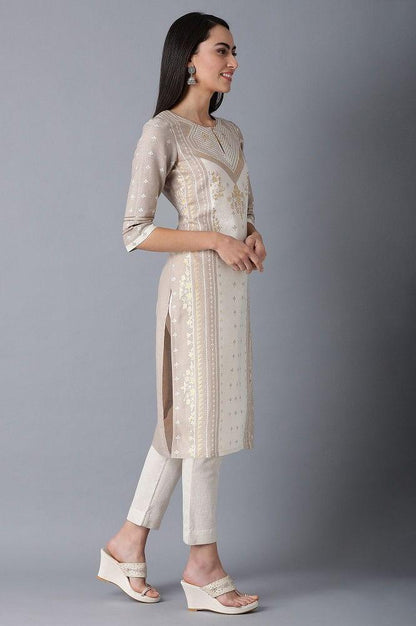 Beige Round Neck Printed kurta - wforwoman