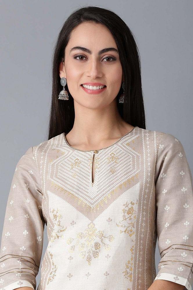 Beige Round Neck Printed kurta - wforwoman