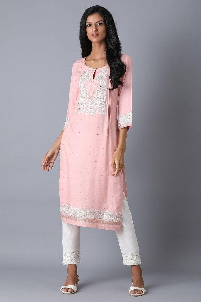 Blush Pink Embroidered Straight kurta - wforwoman