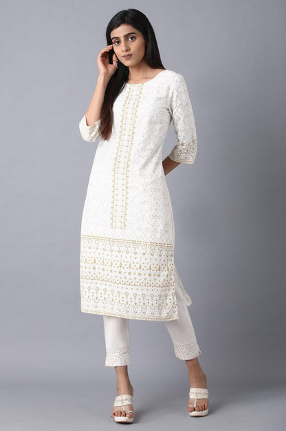 White Round Neck Glitter Print Livaeco kurta - wforwoman