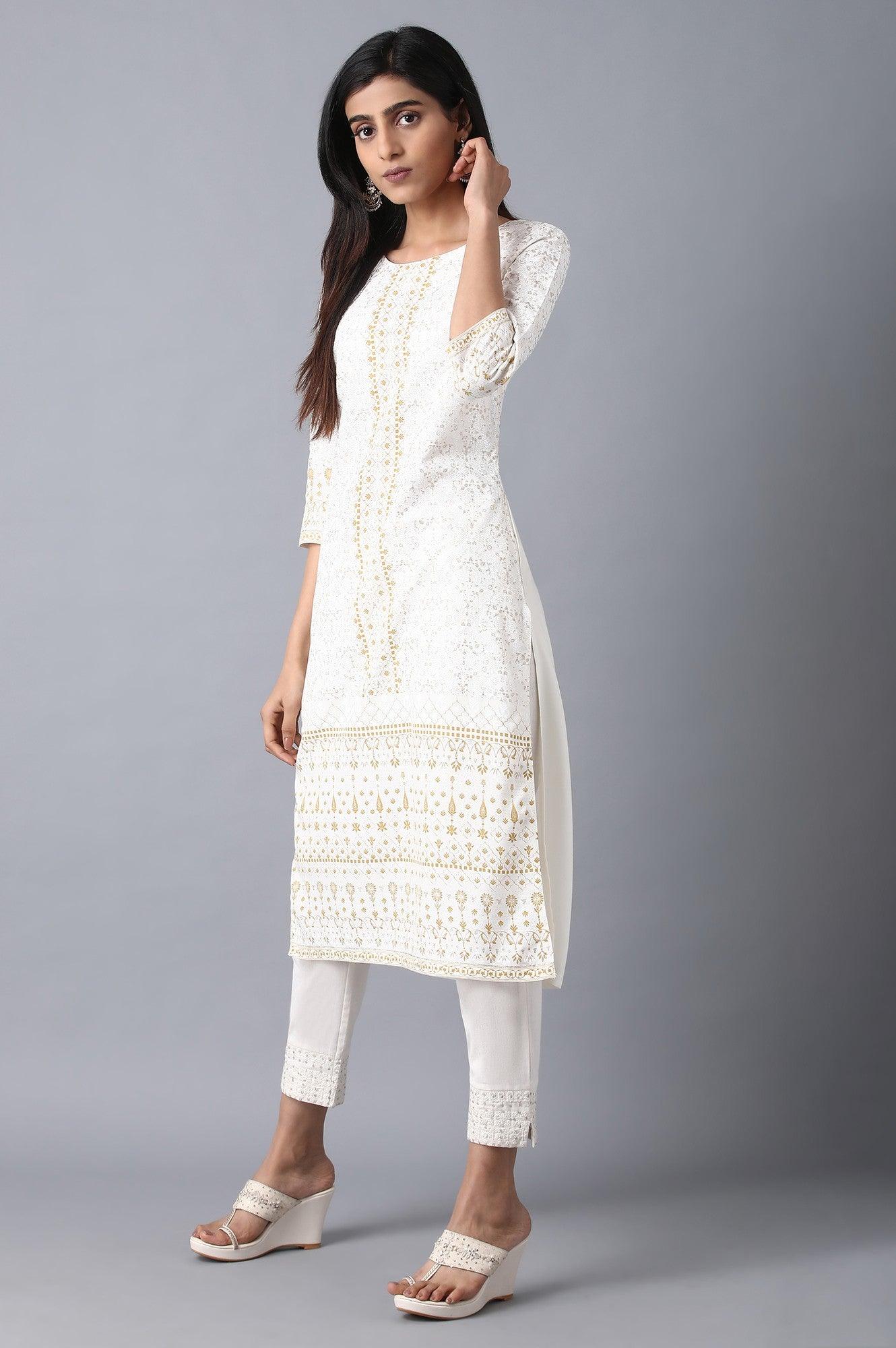 White Round Neck Glitter Print Livaeco kurta - wforwoman