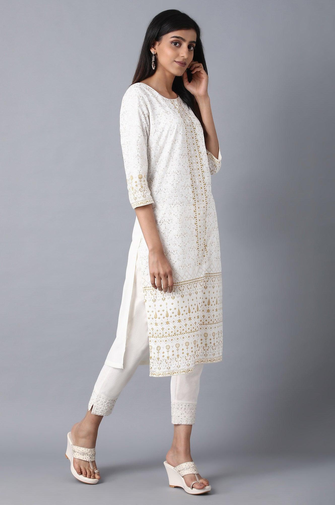 White Round Neck Glitter Print Livaeco kurta - wforwoman