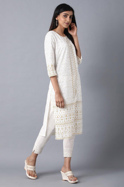 White Round Neck Glitter Print Livaeco kurta - wforwoman