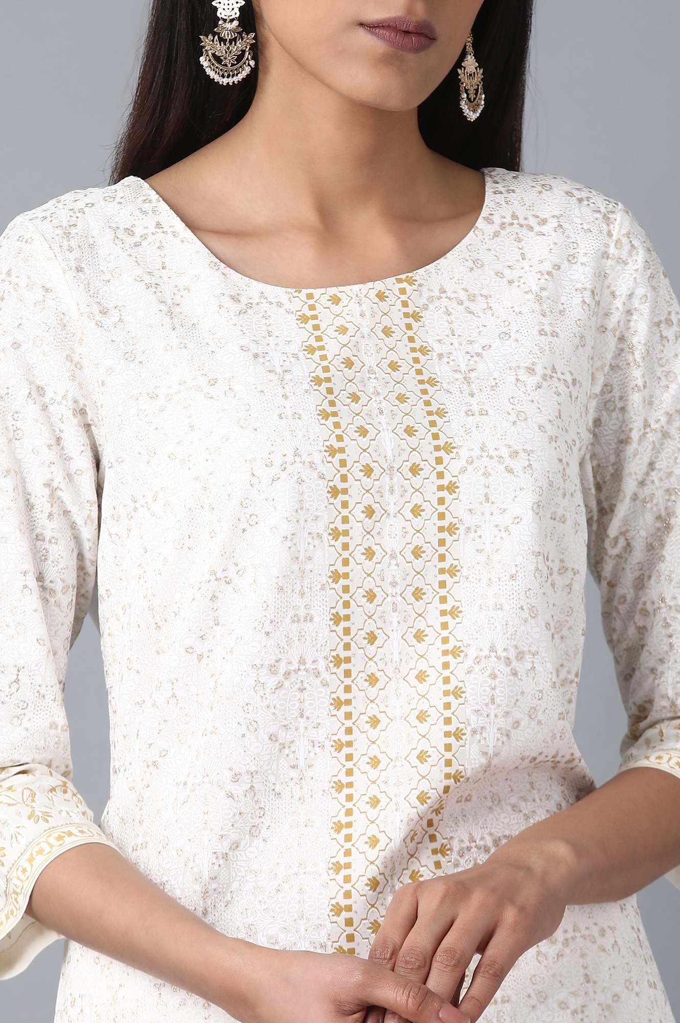 White Round Neck Glitter Print Livaeco kurta - wforwoman