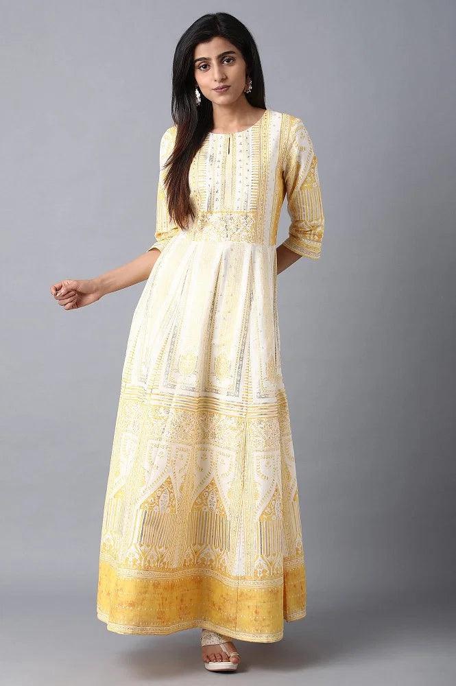 Yellow Round Neck Flared Dress - wforwoman