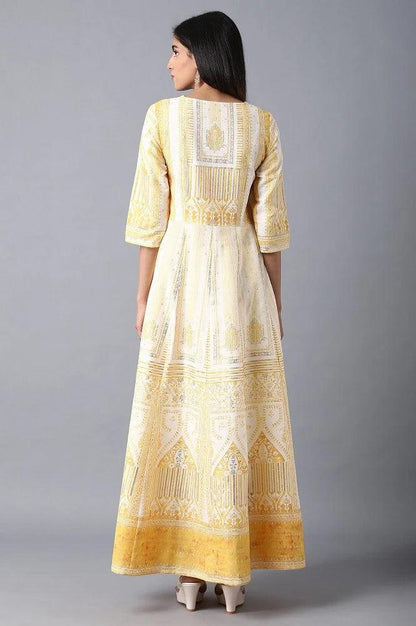 Yellow Round Neck Flared Dress - wforwoman