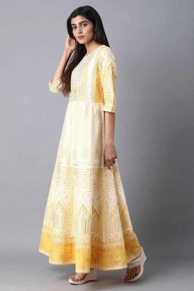 Yellow Round Neck Flared Dress - wforwoman