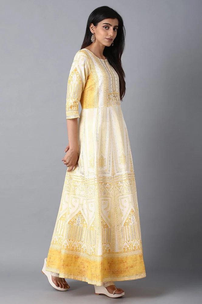 Yellow Round Neck Flared Dress - wforwoman