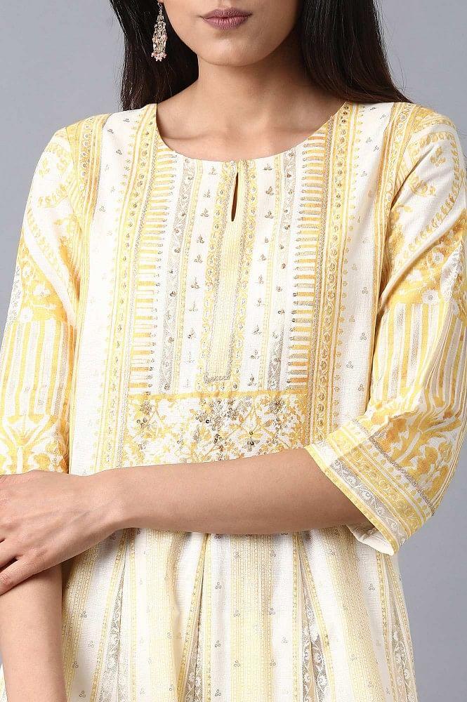 Yellow Round Neck Flared Dress - wforwoman