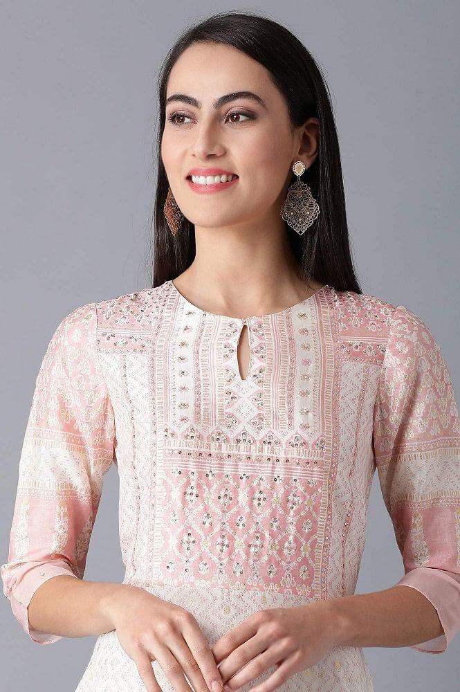 Pink Round Neck Printed kurta - wforwoman