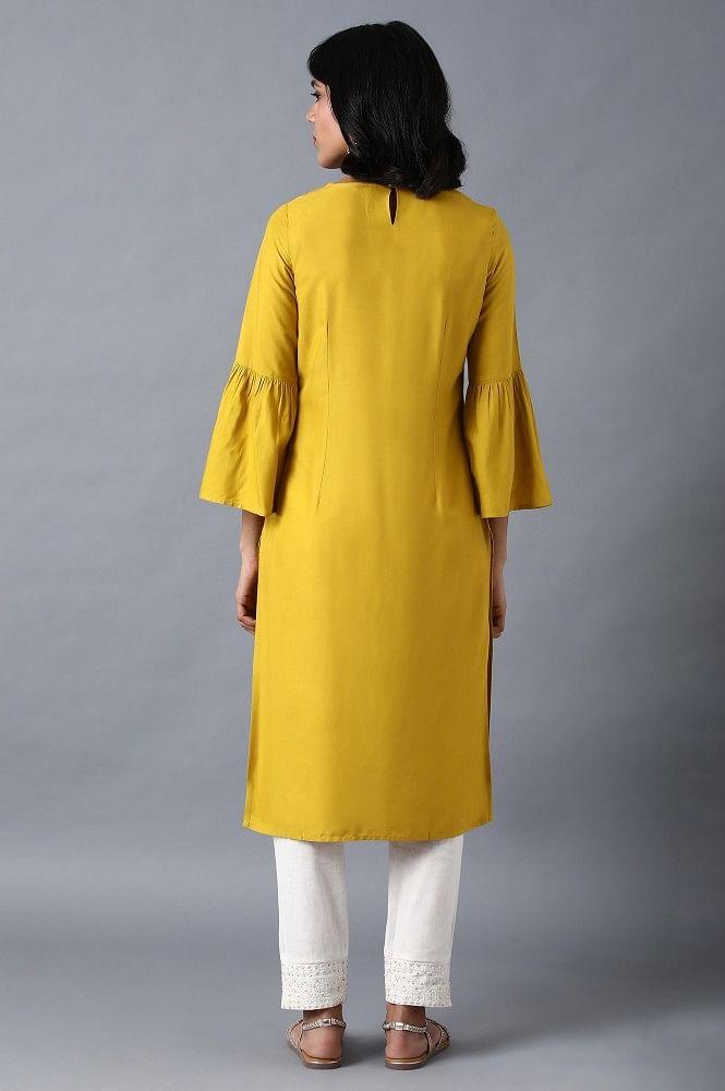 Yellow Round Neck Embellished kurta - wforwoman