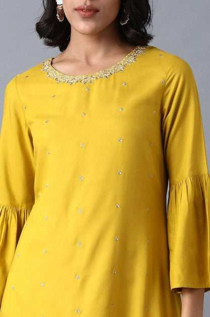 Yellow Round Neck Embellished kurta - wforwoman