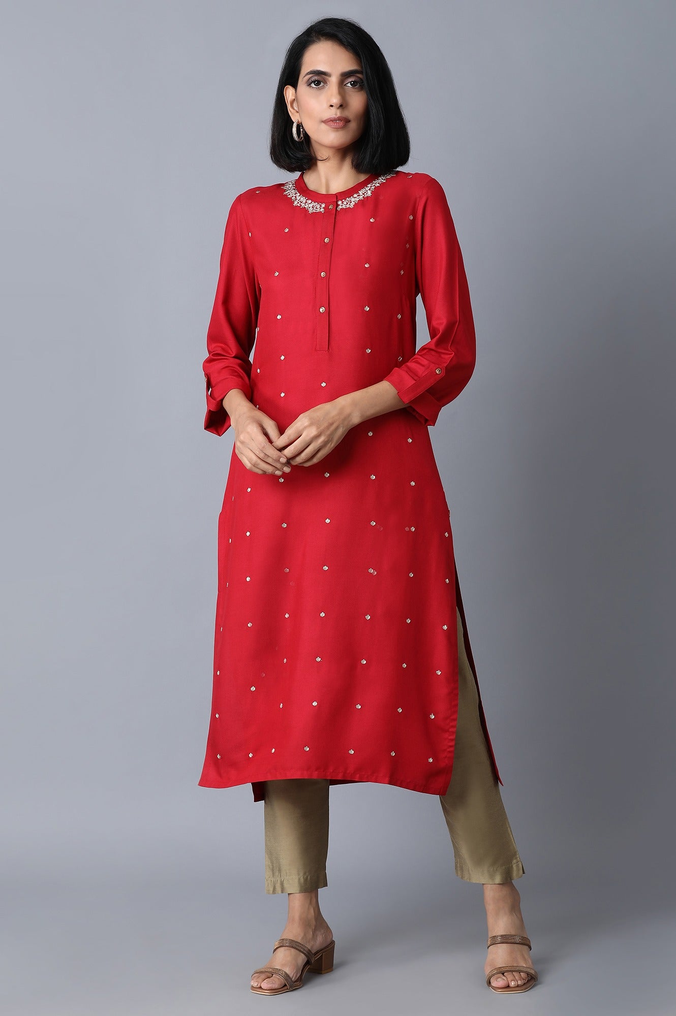 Red Straight Embroidered kurta