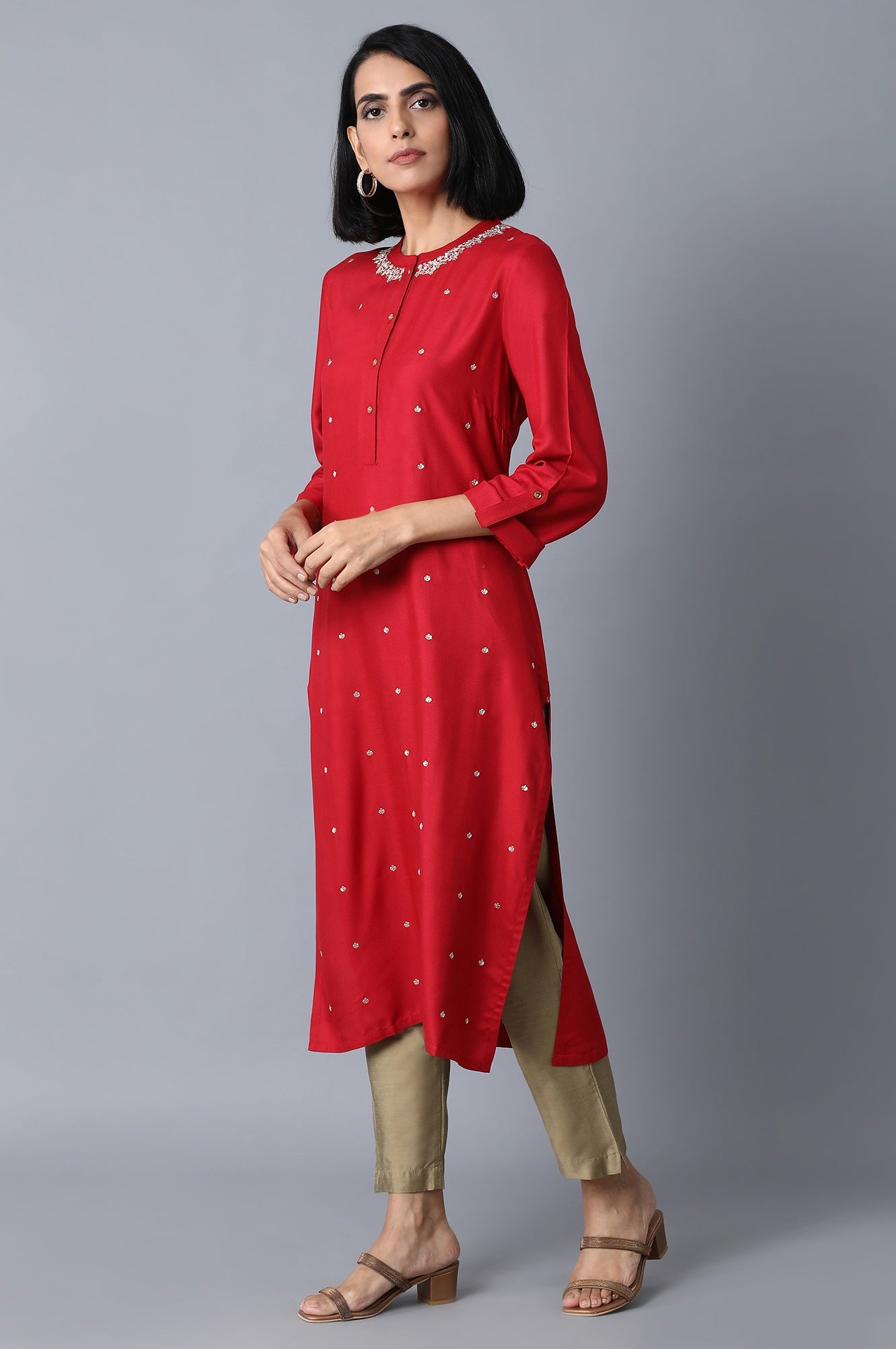 Red Straight Embroidered kurta