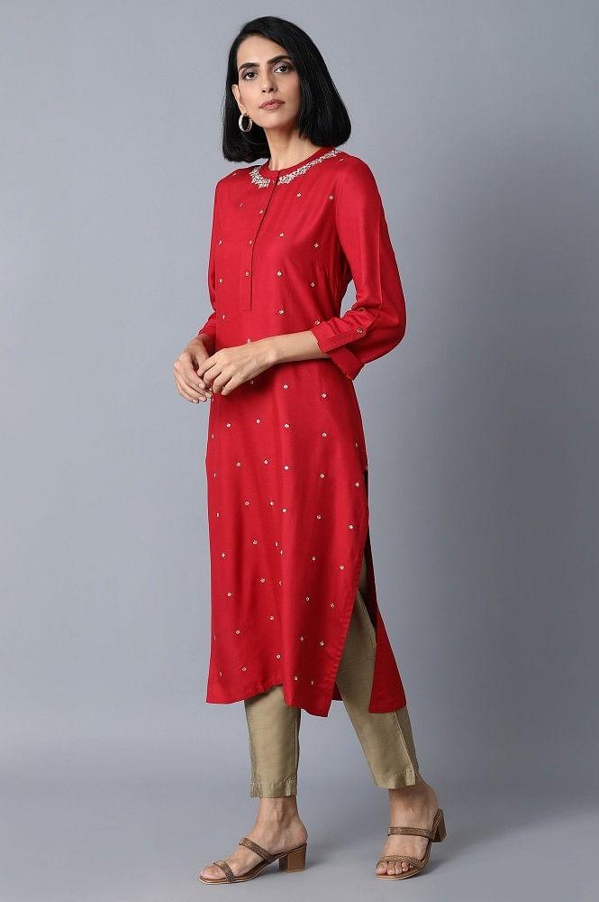 Red Straight Embroidered kurta - wforwoman