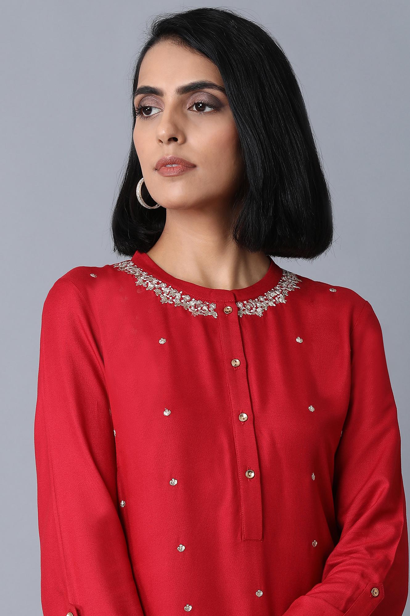 Red Straight Embroidered kurta