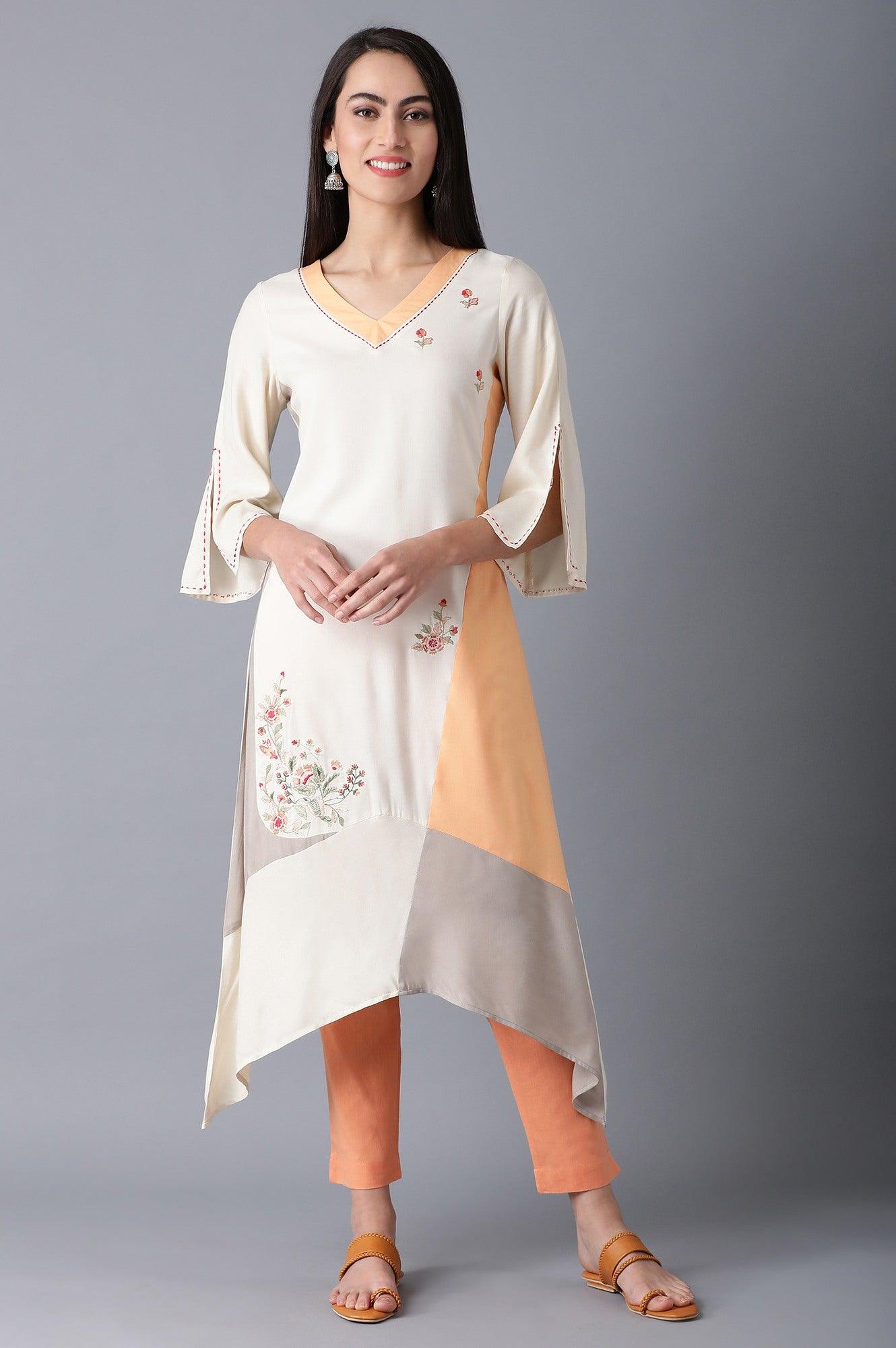 Orange &amp; White V-Neck kurta - wforwoman