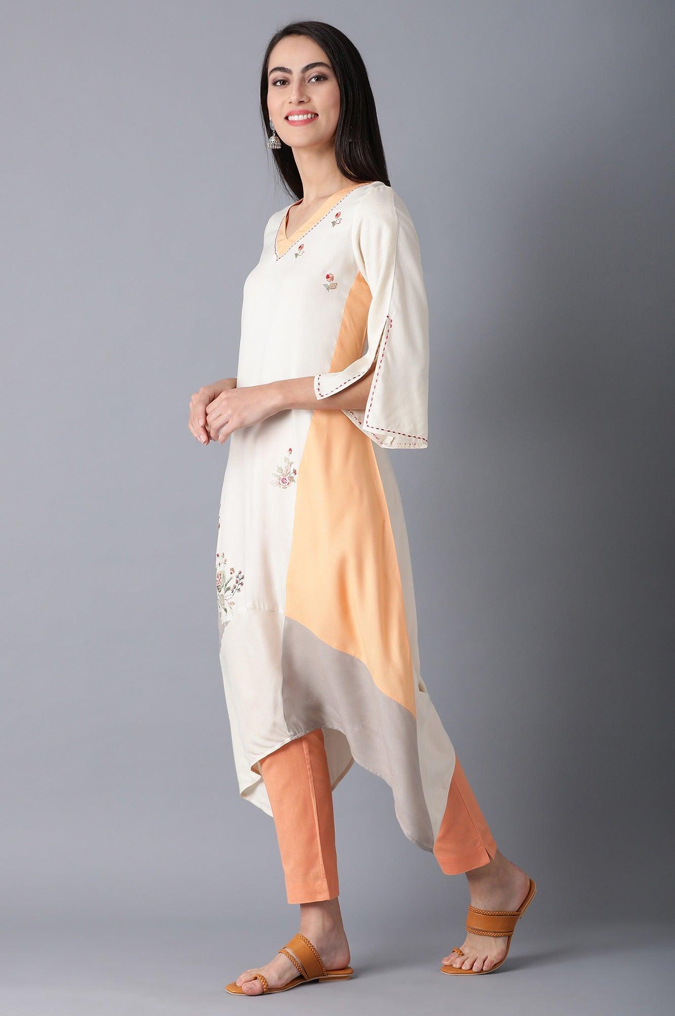 Orange &amp; White V-Neck kurta - wforwoman