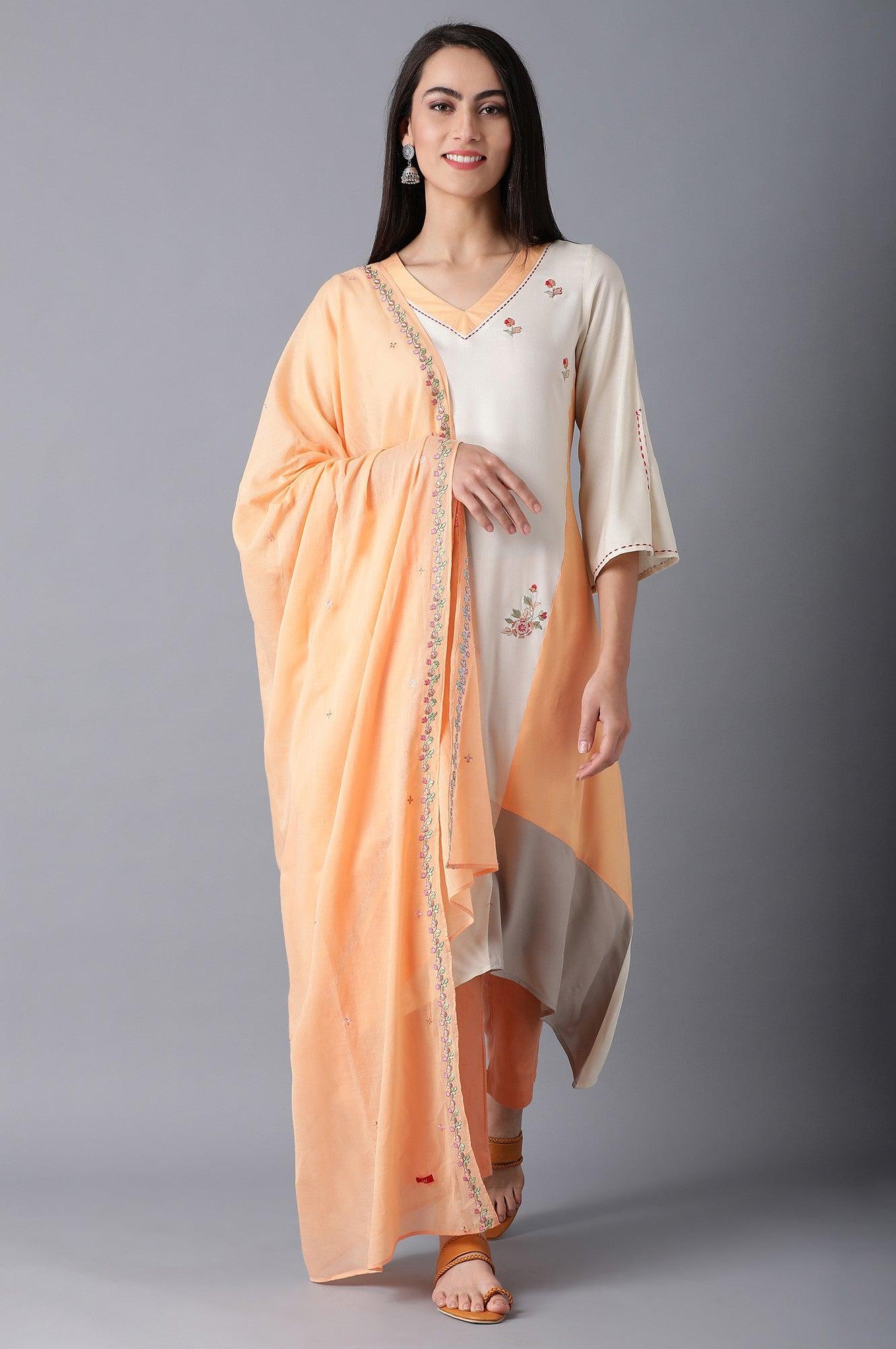 Orange &amp; White V-Neck kurta - wforwoman