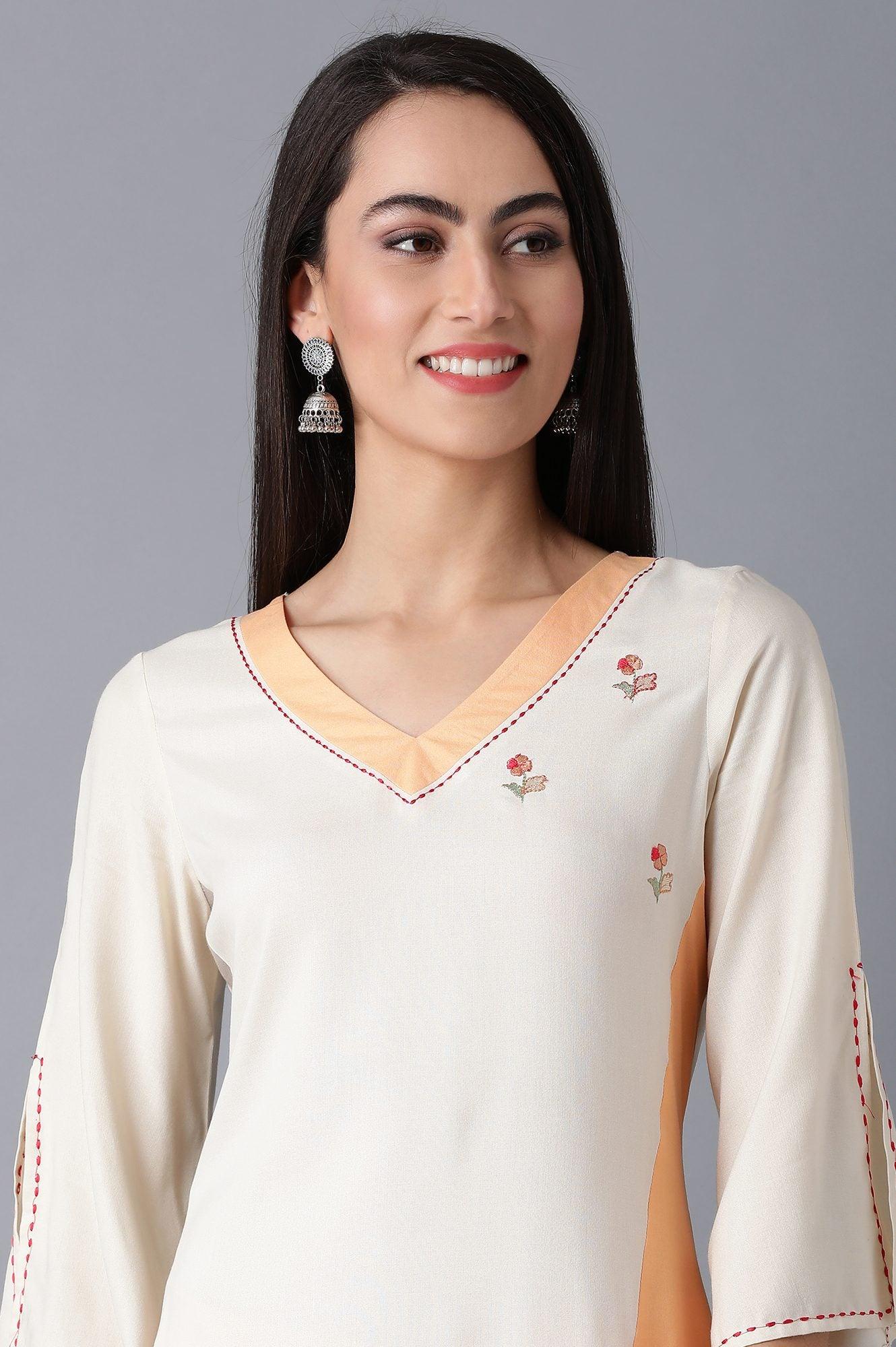 Orange &amp; White V-Neck kurta - wforwoman