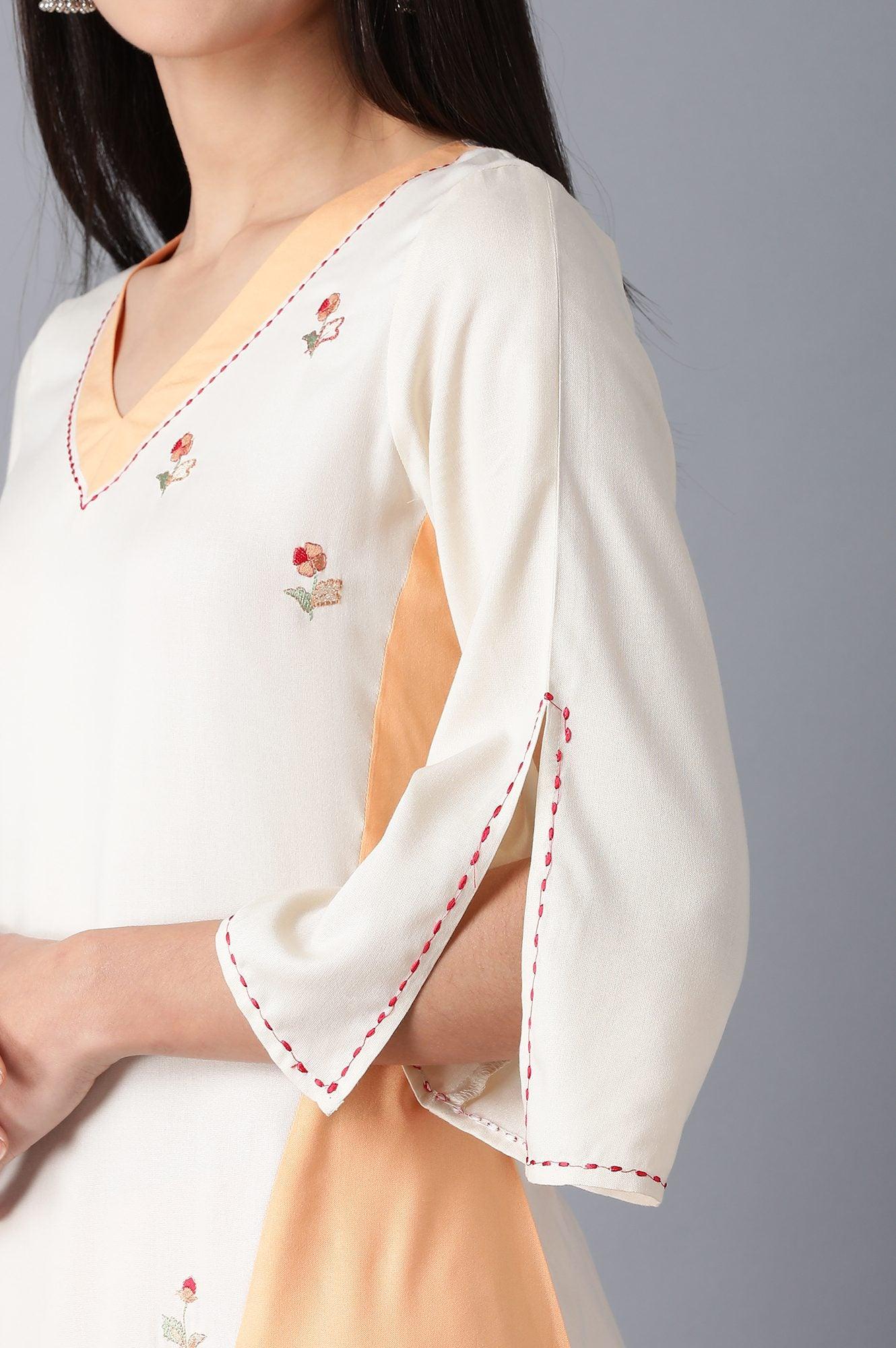 Orange &amp; White V-Neck kurta - wforwoman