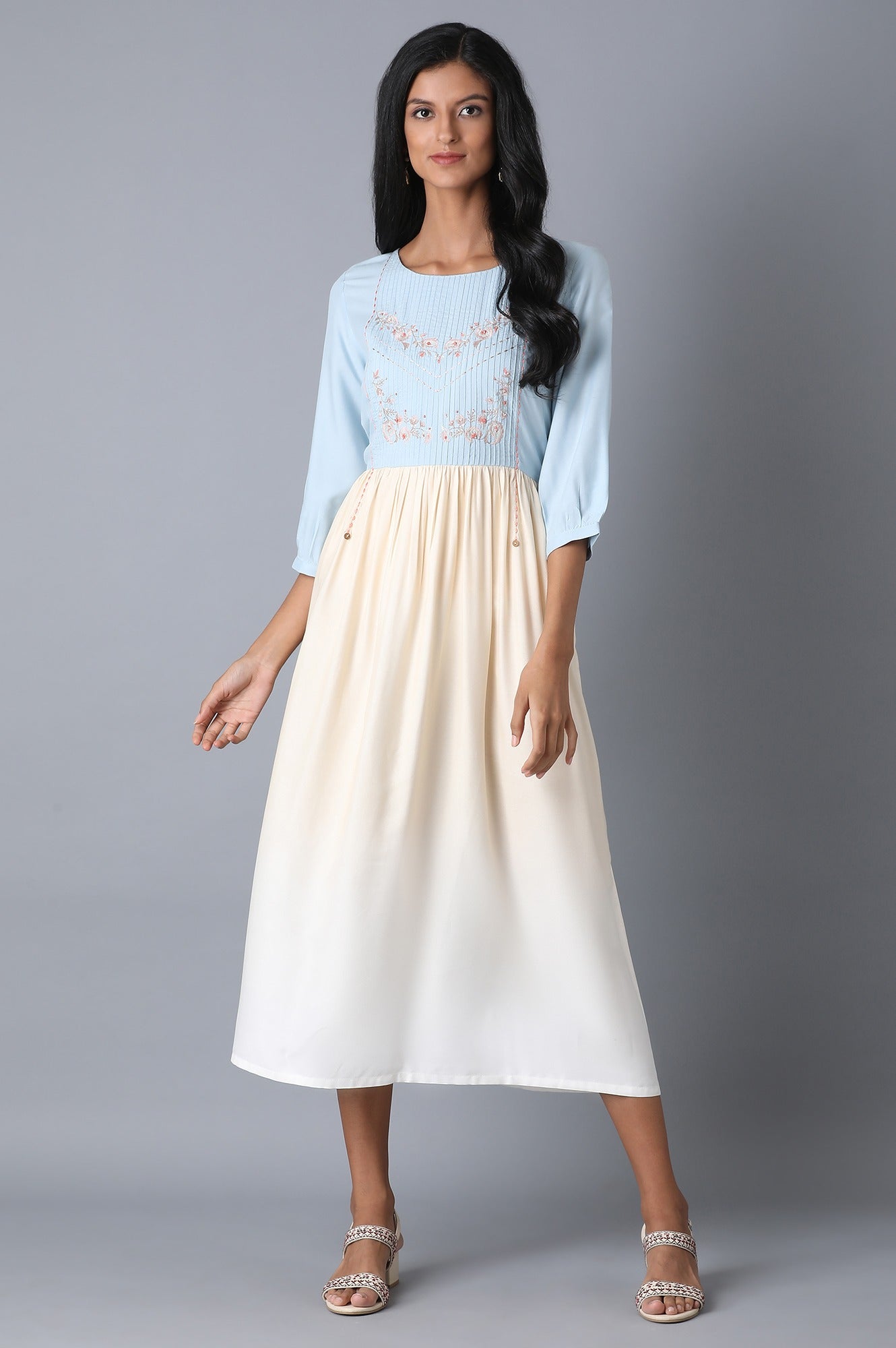 Blue and Ecru Dress with Pintucks