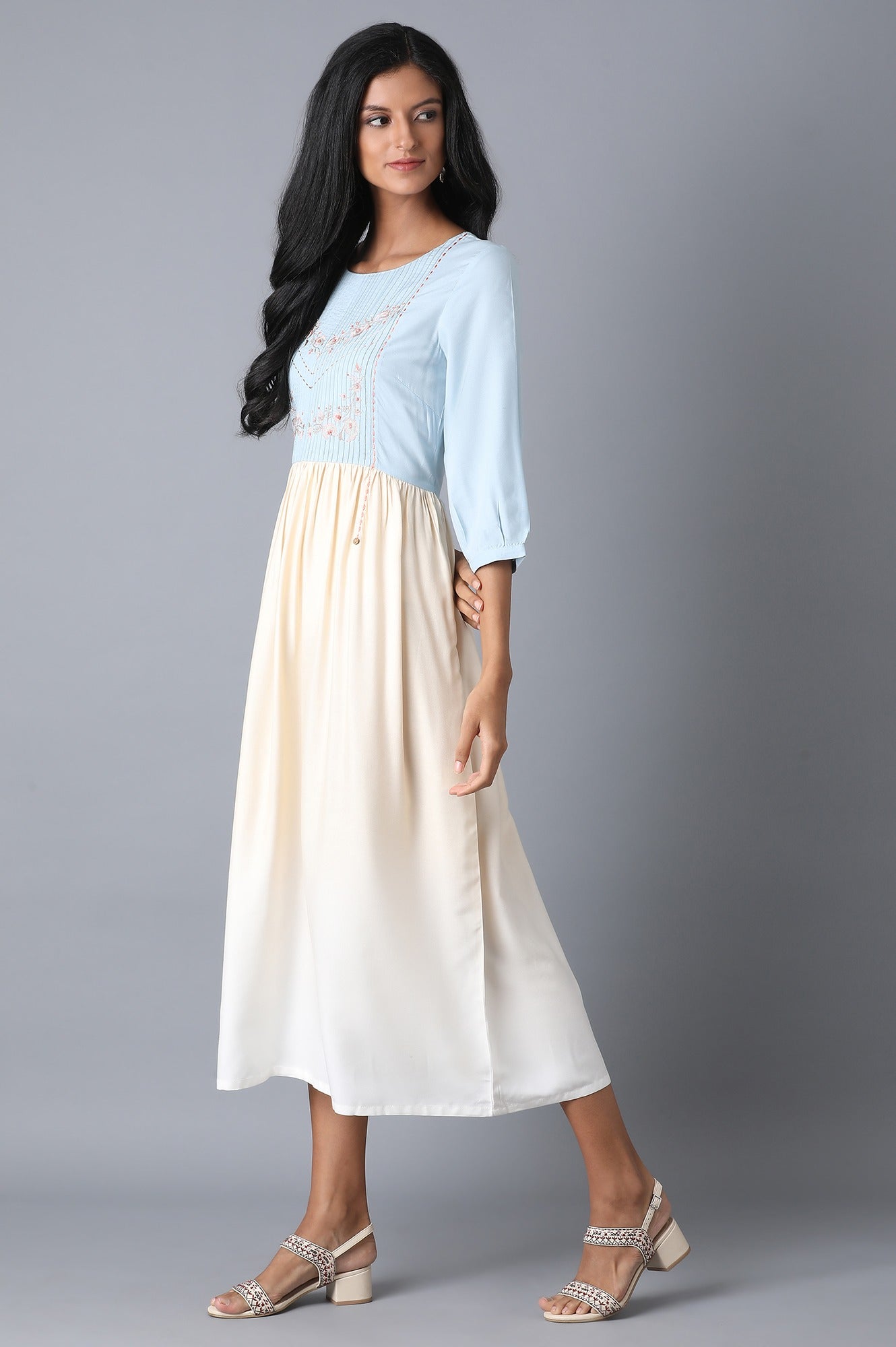 Blue and Ecru Dress with Pintucks