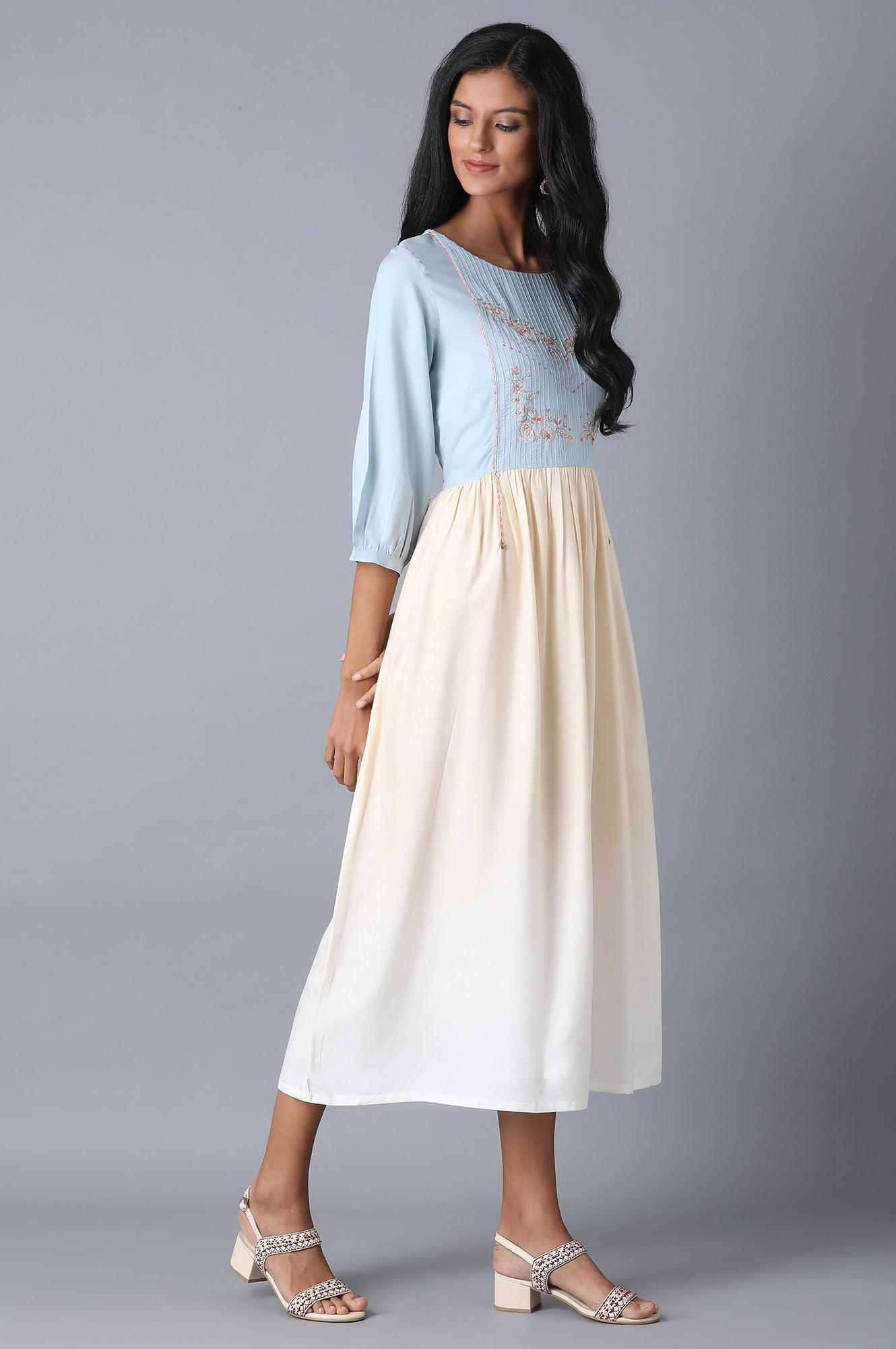 Blue and Ecru Dress with Pintucks