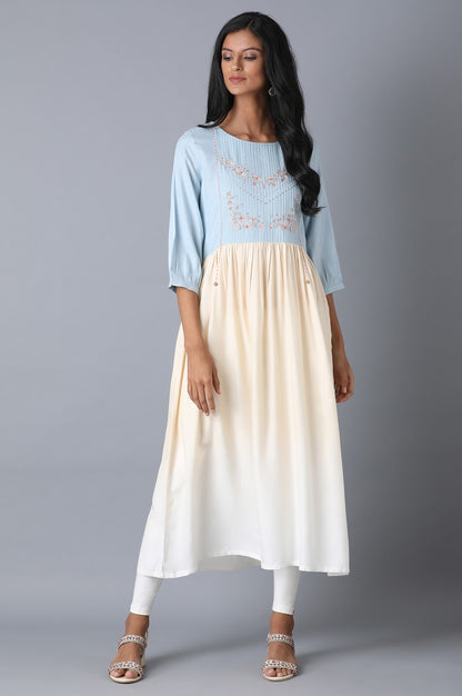 Blue and Ecru Dress with Pintucks