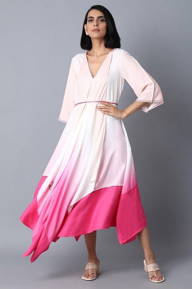 Pink and Ecru Color Blocked Asymetric Dress - wforwoman