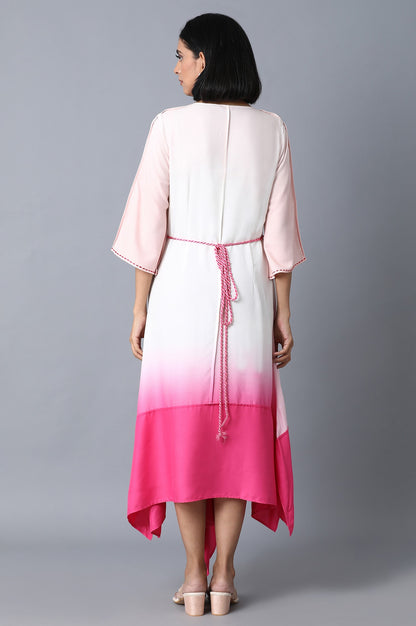 Pink and Ecru Color Blocked Asymetric Dress