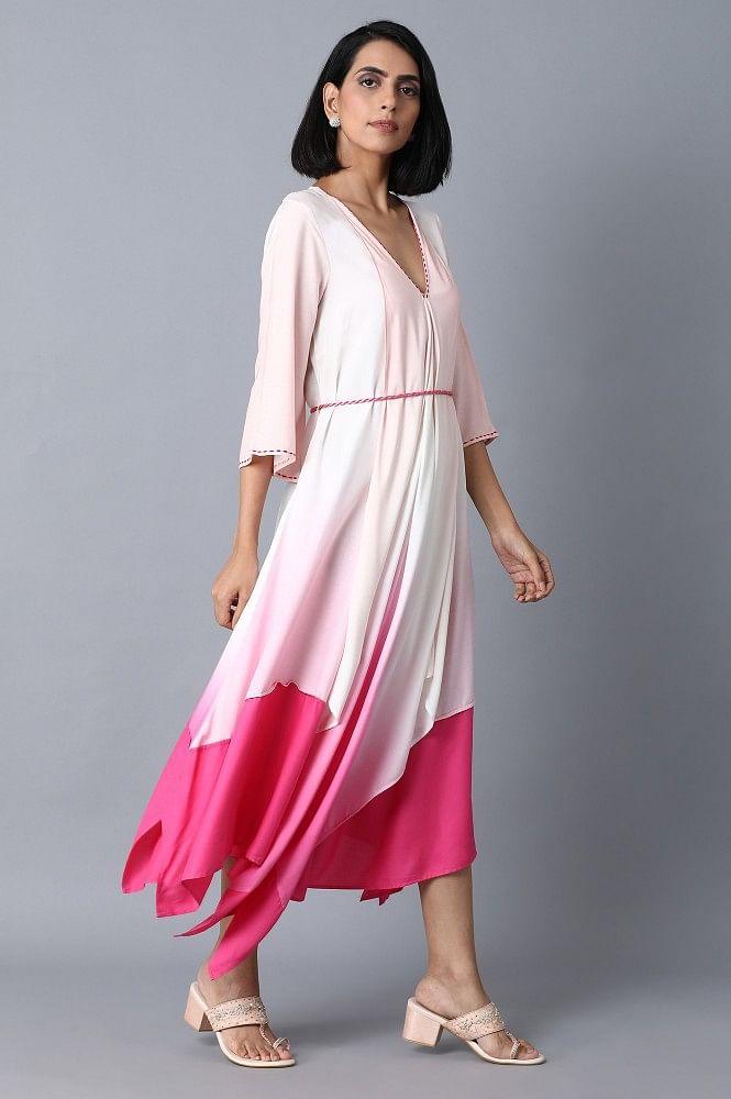 Pink and Ecru Color Blocked Asymetric Dress - wforwoman