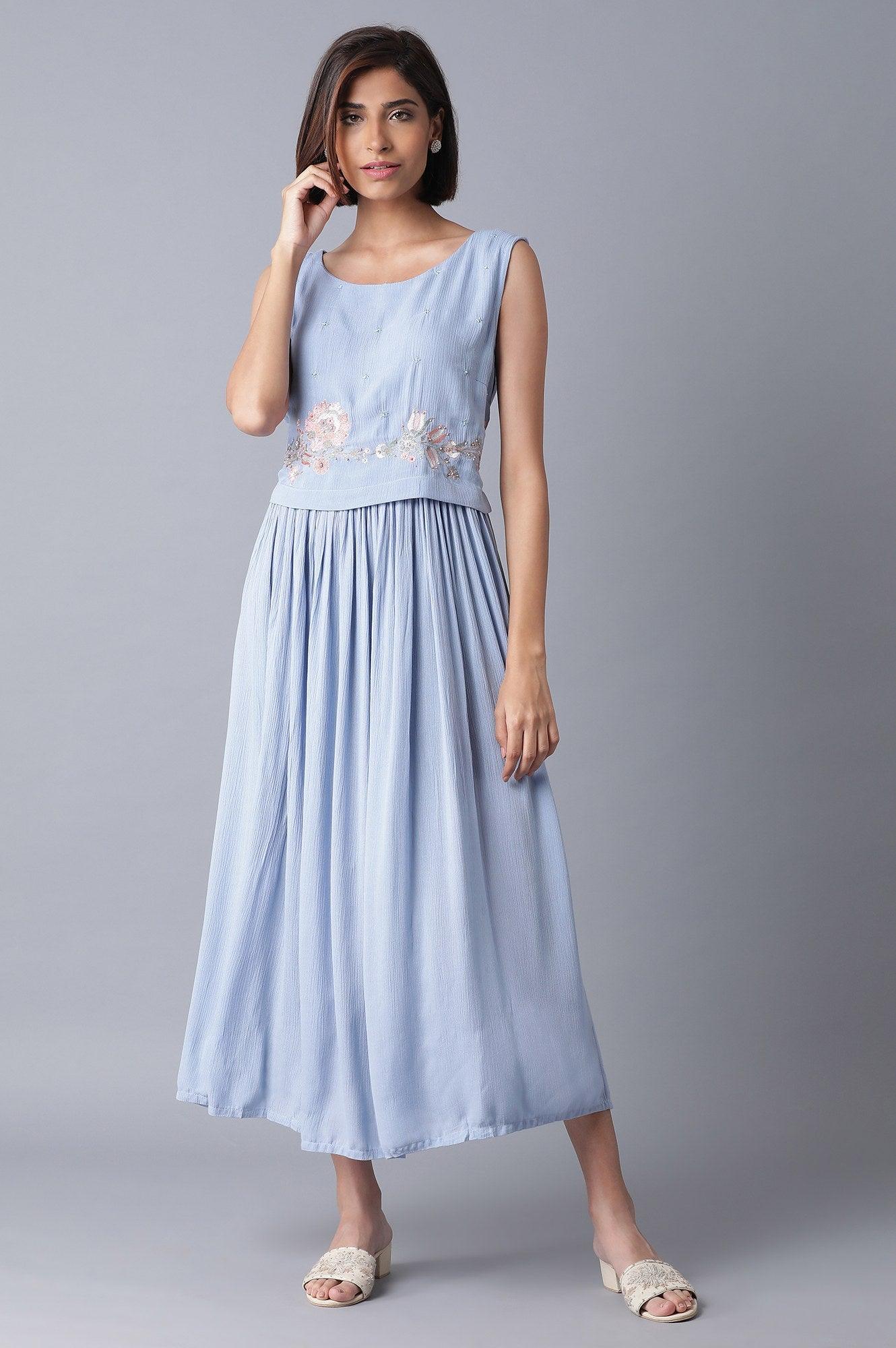 Powder Blue Gathered Long Dress - wforwoman