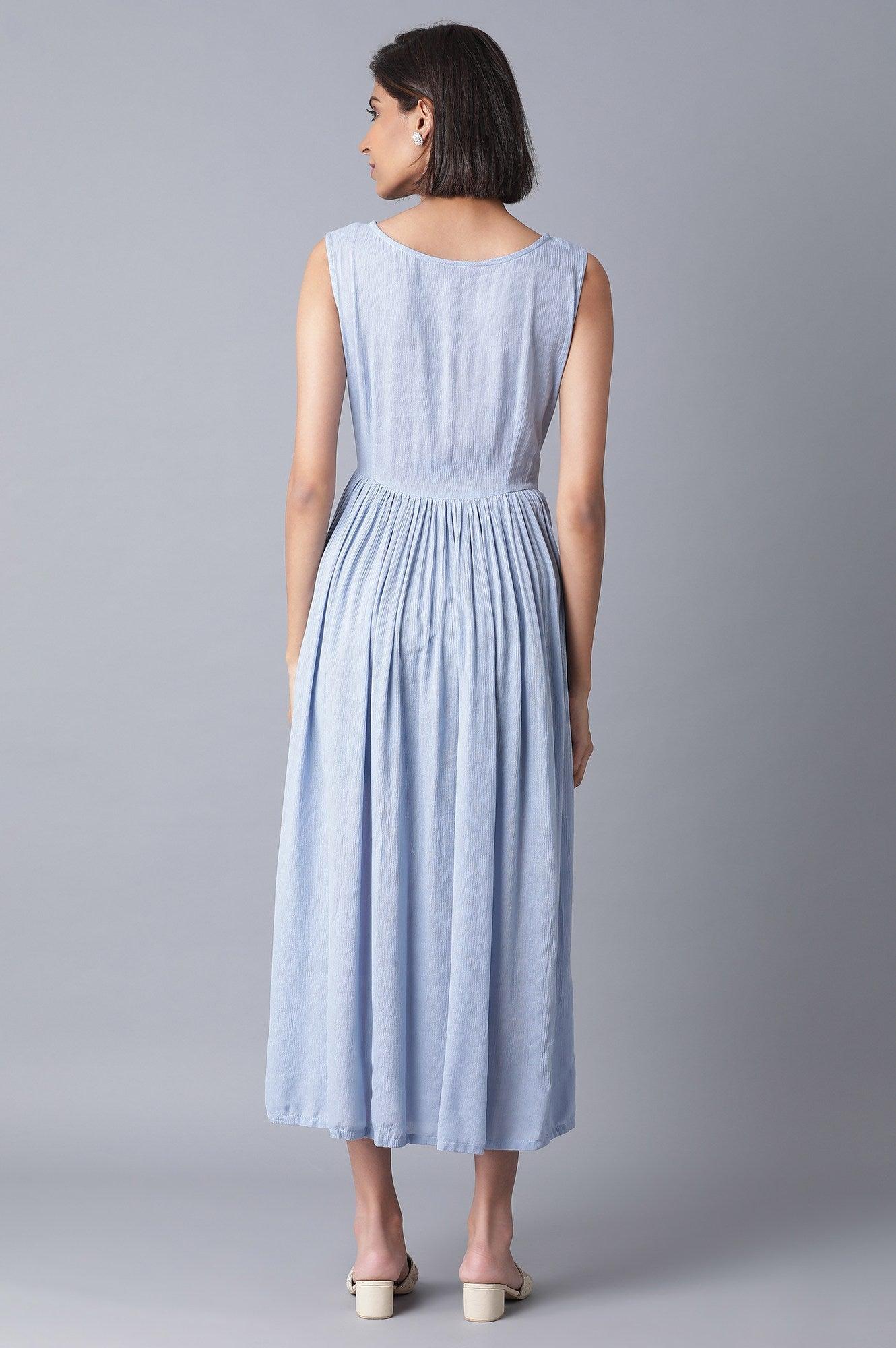 Powder Blue Gathered Long Dress - wforwoman