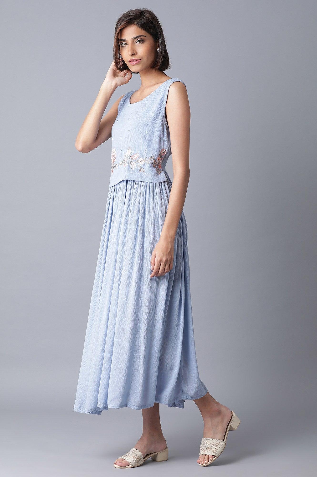 Powder Blue Gathered Long Dress - wforwoman