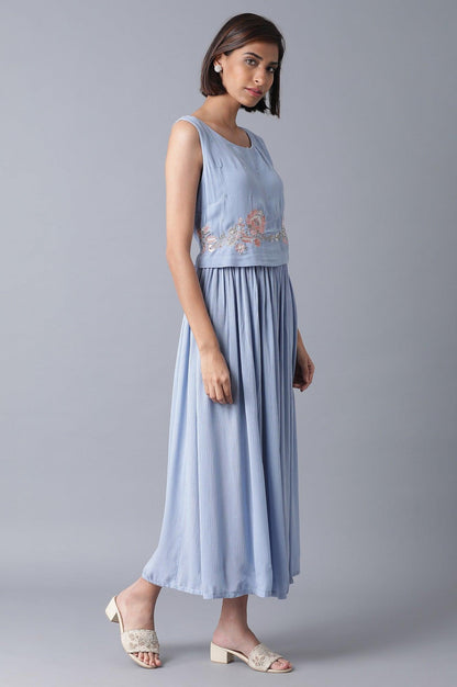 Powder Blue Gathered Long Dress - wforwoman