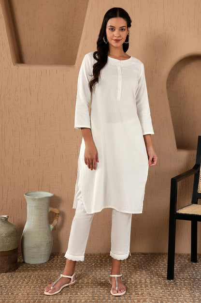 White Round neck Cotton Flax Straight Kurta