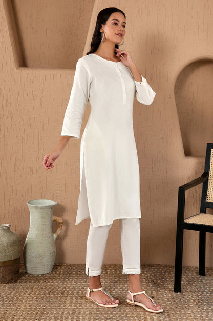 White Round neck Cotton Flax Straight Kurta