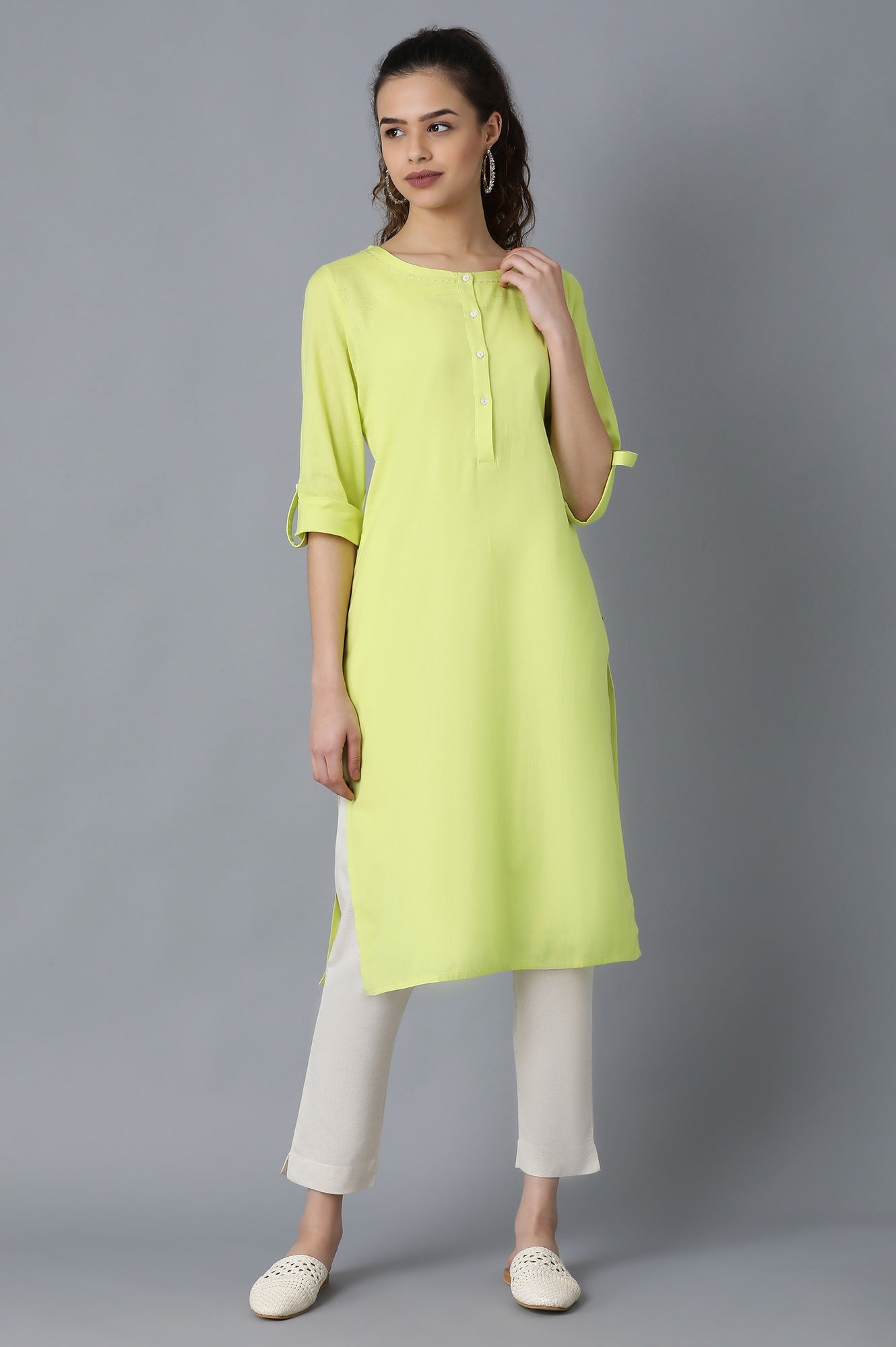 Yellow Round Neck Solid Kurta - wforwoman