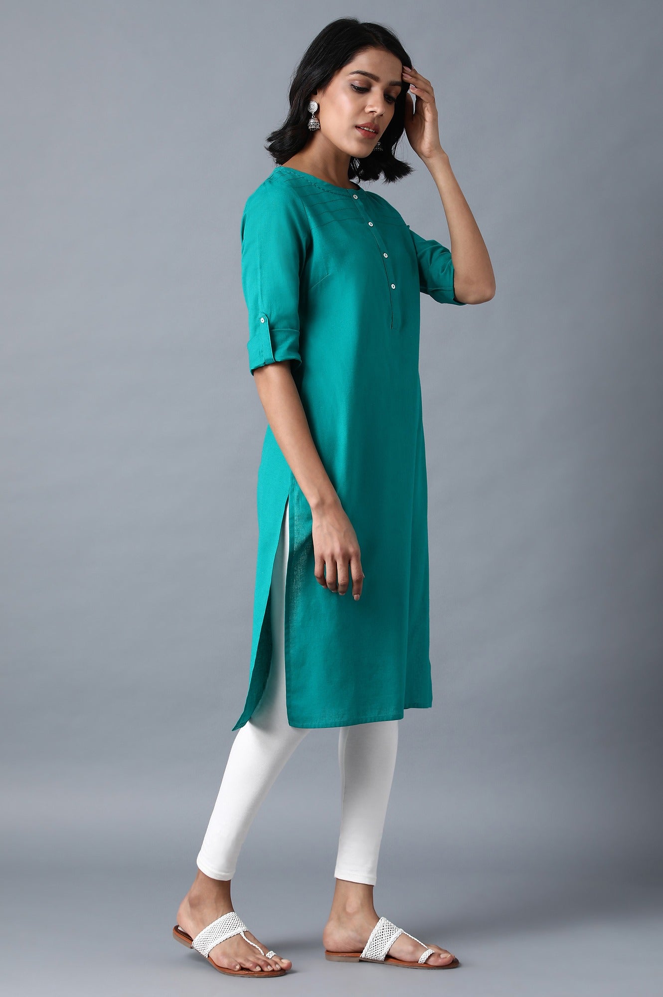 Green Round Neck Solid kurta