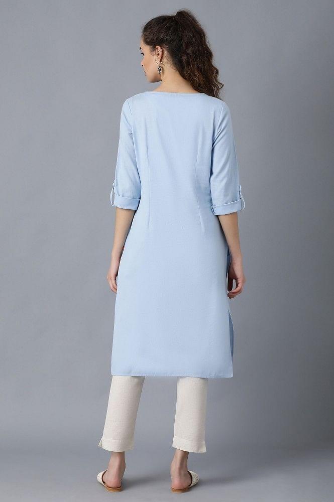 Blue Round Neck Solid kurta - wforwoman