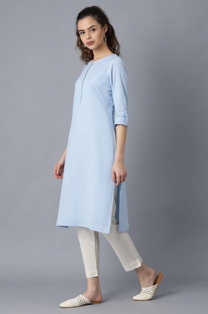 Blue Round Neck Solid kurta - wforwoman