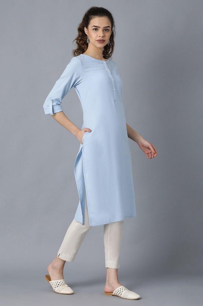 Blue Round Neck Solid kurta - wforwoman