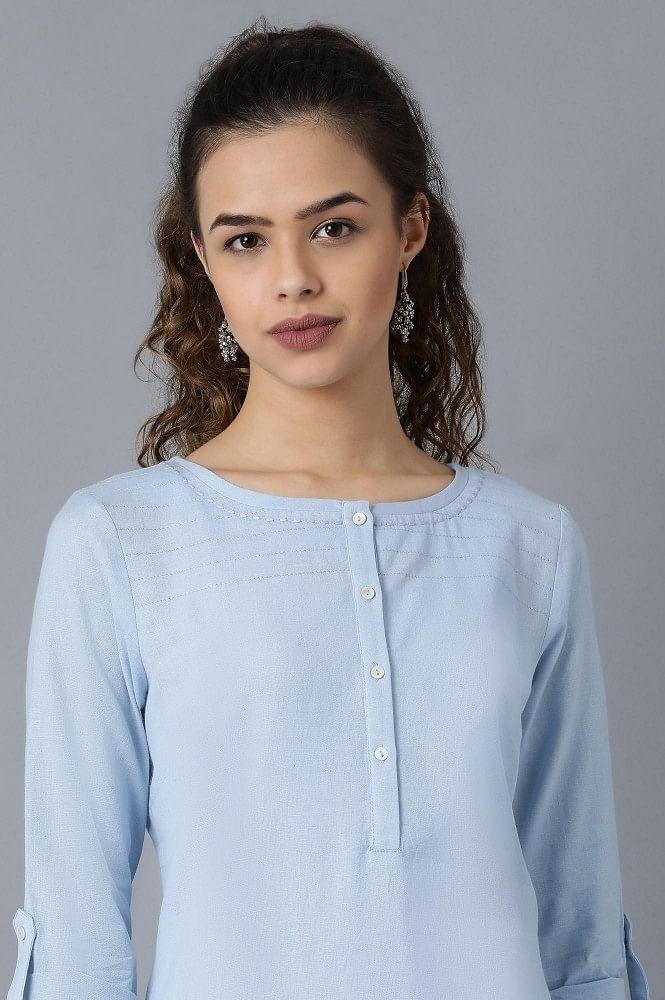 Blue Round Neck Solid kurta - wforwoman