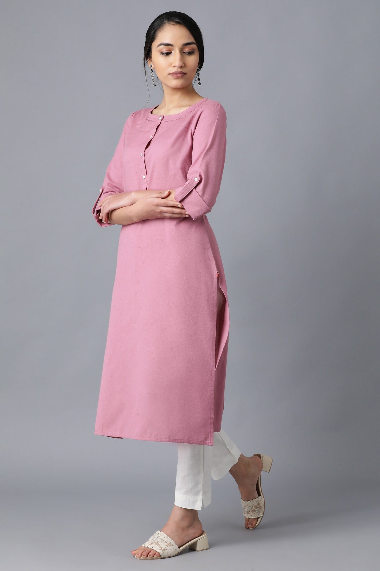 Mauve Round Neck Solid kurta